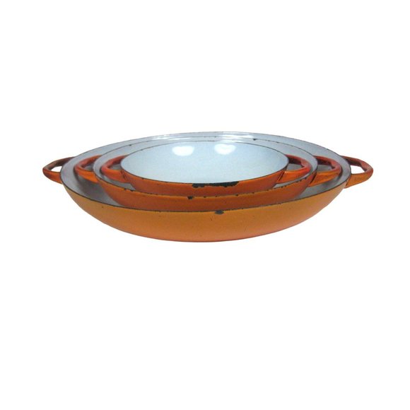 Set of 3 MCM Enamel Nesting Sauté Pans Orange Mid Century Modern CHIPS - Picture 6 of 13